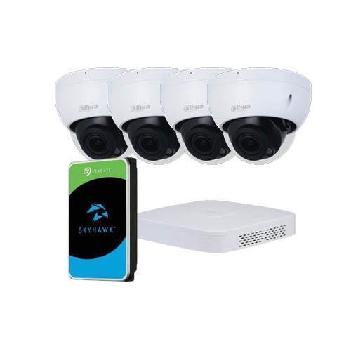 Dahua Overvågningspakke: NVR 4-kanal AI med 4xPoE, 4 Dome Kameraer 2.7-13.5mm og 1TB Seagate Skyhawk HDD - Sikshop