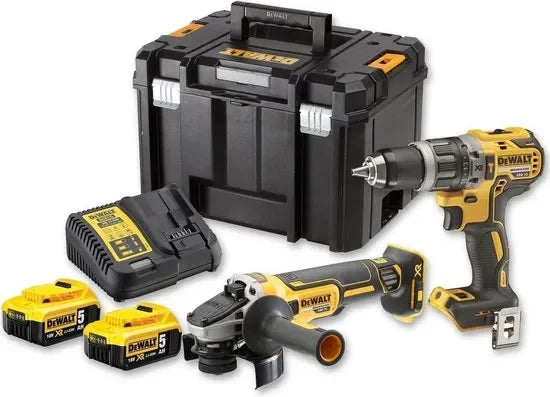 DeWalt DCK2080P2T-QW 18V XR Værktøjssæt – Boremaskine & Vinkelsliber med 2x 5,0Ah Batterier - Sikshop