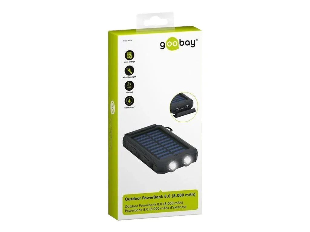 Goobay udendørs PowerBank 8.0 – Solarstrømbank 8000 mAh, Sort