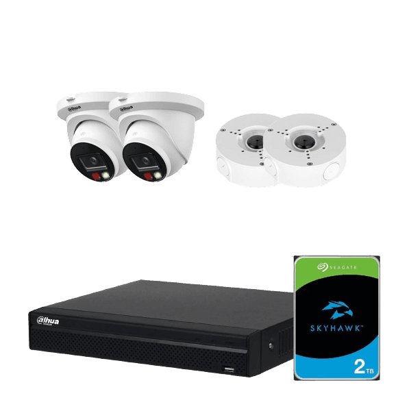 Komplet 4-kanals NVR sikkerhedssystem med 2 Dahua 5MP Smart Dual Light kameraer, 2 vandtætte samlebokse og 2TB harddisk - Sikshop