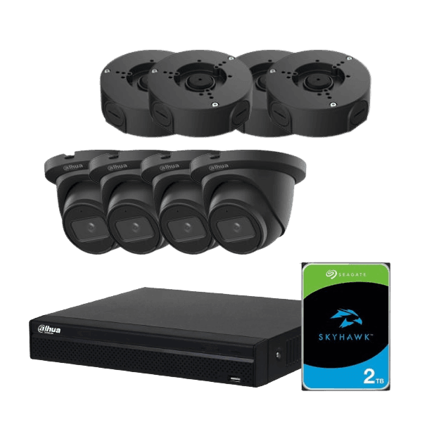 Komplet Dahua Overvågningspakke med 4 Sorte AI-kameraer, Sort NVR og 2 TB Harddisk - Sikshop