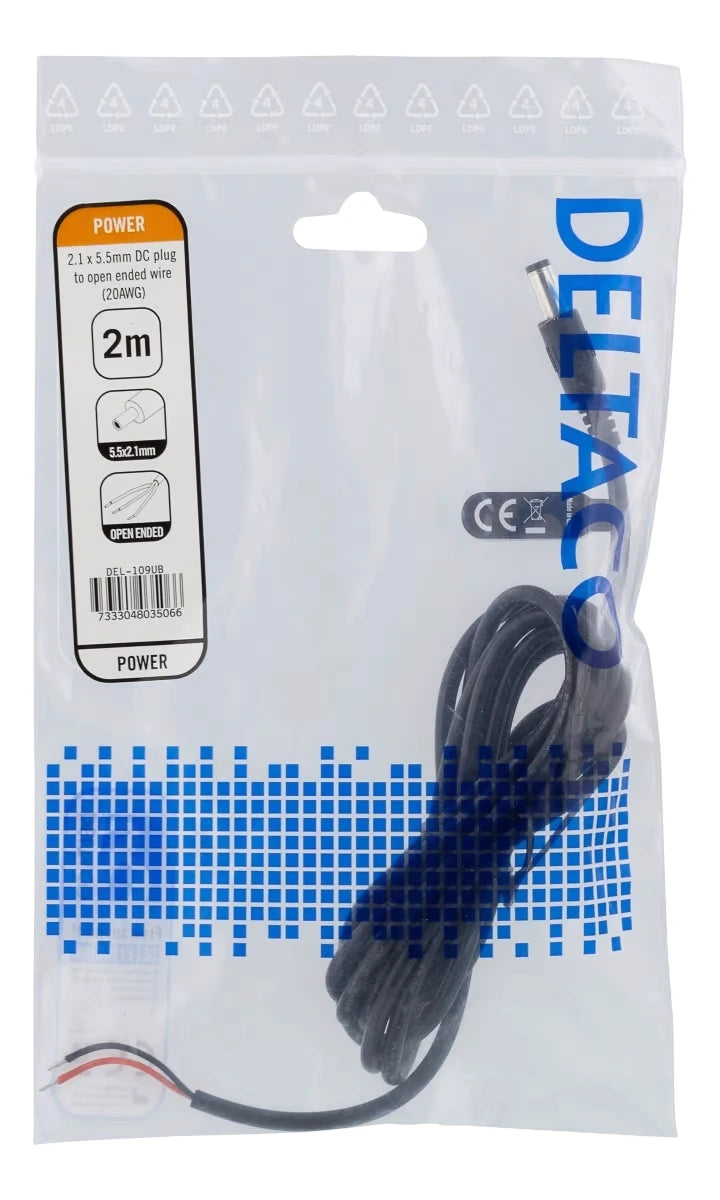 DELTACO DC kabel 5.5x2.1 mm til åben ende – 2 meter (20AWG, sort)