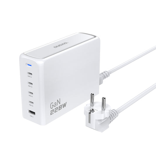 Dudao A228EU 228W GaN Oplader – 4× USB-C + 1× USB-A, Hvid