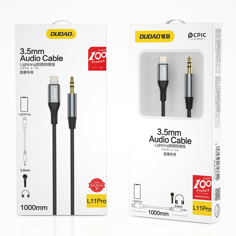 Dudao L11PRO Lightning til 3,5 mm Jack Lydkabel – 1 m, Grå