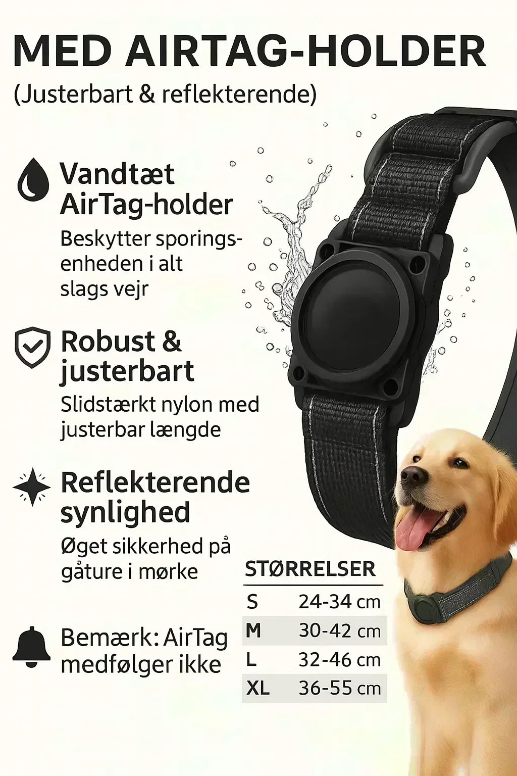 Robust vandtæt hundehalsbånd med AirTag-holder – Justerbart & reflekterende | S–XL