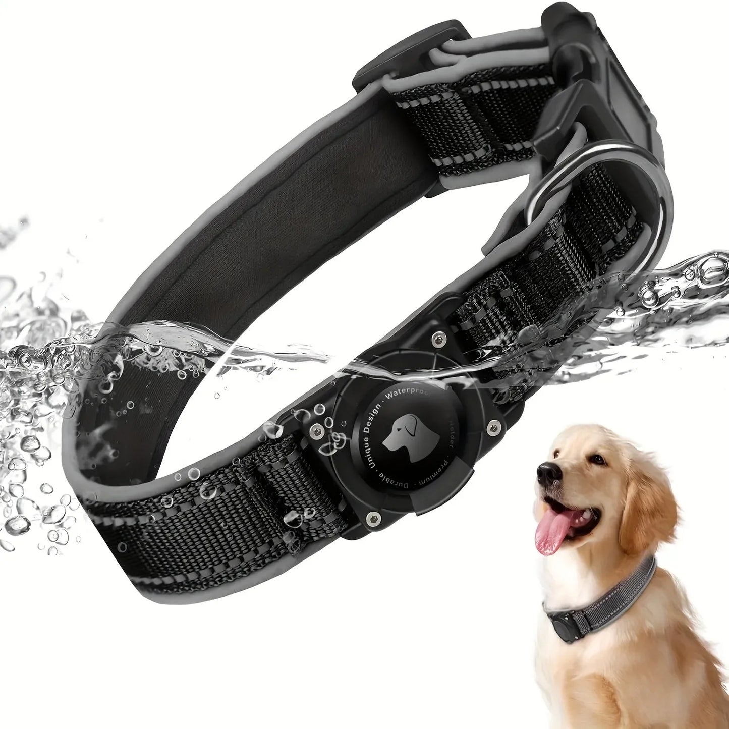 Robust vandtæt hundehalsbånd med AirTag-holder – Justerbart & reflekterende | S–XL