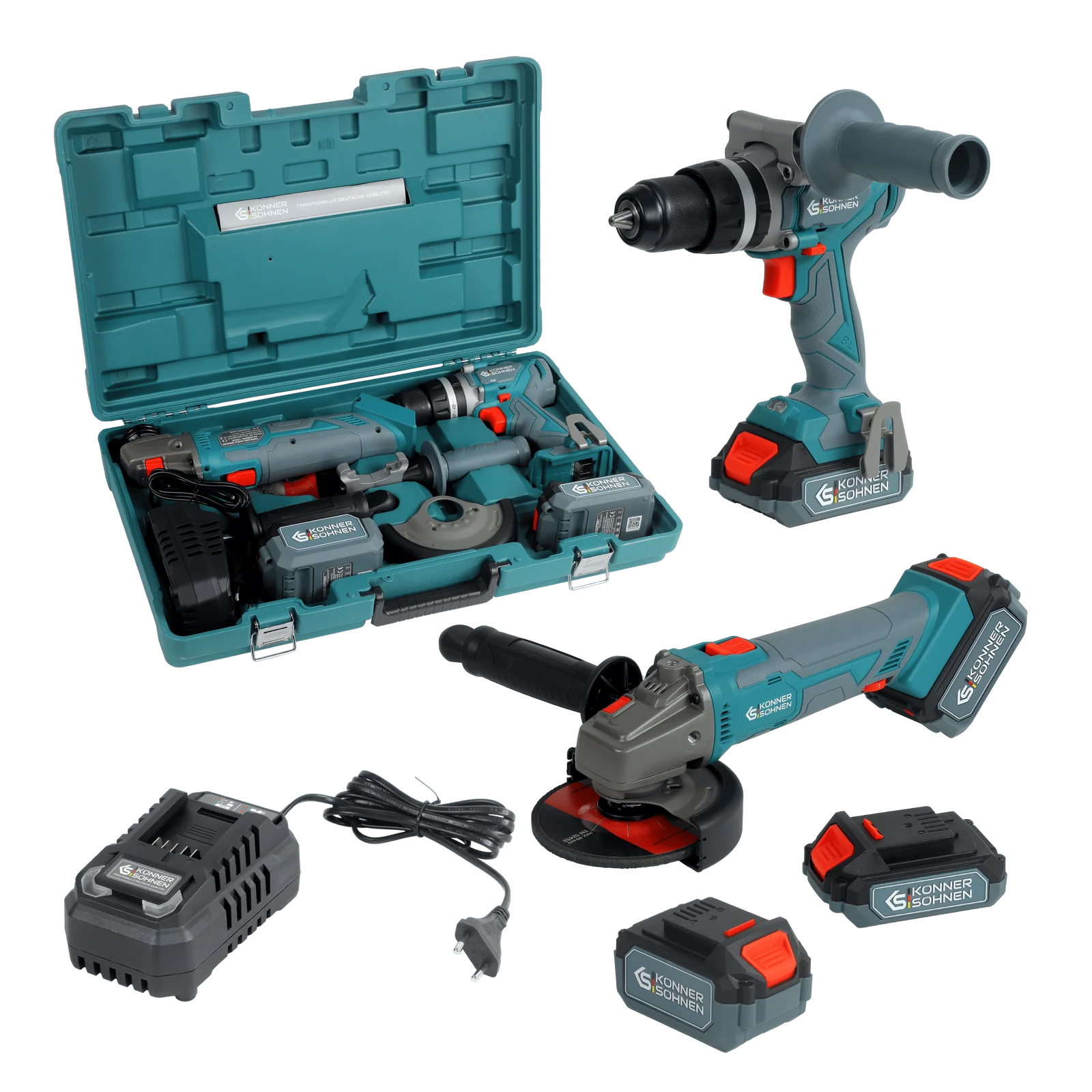 Komplet 2-i-1 sæt Boremaskine + vinkelsliber inkl. batterier, oplader og kuffert – KS IDAGB 20V SET 1 - Sikshop