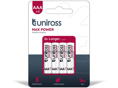 Uniross Max Power AAA / LR03 Alkaline Batterier – 1300 mAh (4 stk.)
