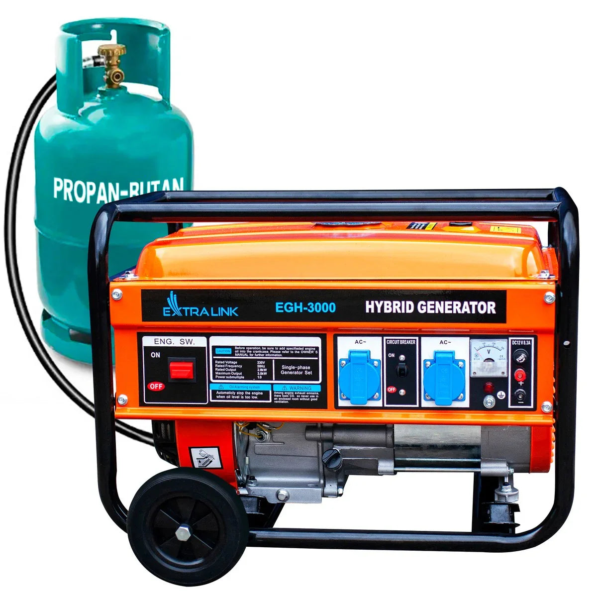 Extralink EGH-3000 Hybrid Generator – 3 KW 1-Faset Inverter med Benzin, LPG og Naturgas - Sikshop