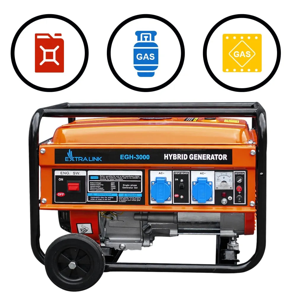 Extralink EGH-3000 Hybrid Generator – 3 KW 1-Faset Inverter med Benzin, LPG og Naturgas - SIKSHOP