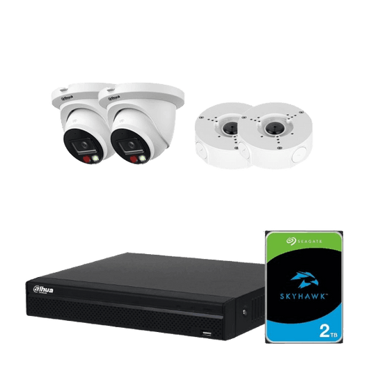 Komplet 4-kanals NVR sikkerhedssystem med 2 Dahua 5MP Smart Dual Light kameraer, 2 vandtætte samlebokse og 2TB harddisk - SIKSHOP