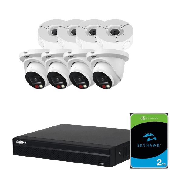 Komplet 4-kanals NVR sikkerhedssystem med 4 Dahua 5MP Smart Dual Light kameraer, 4 vandtætte samlebokse og 2TB harddisk - SIKSHOP