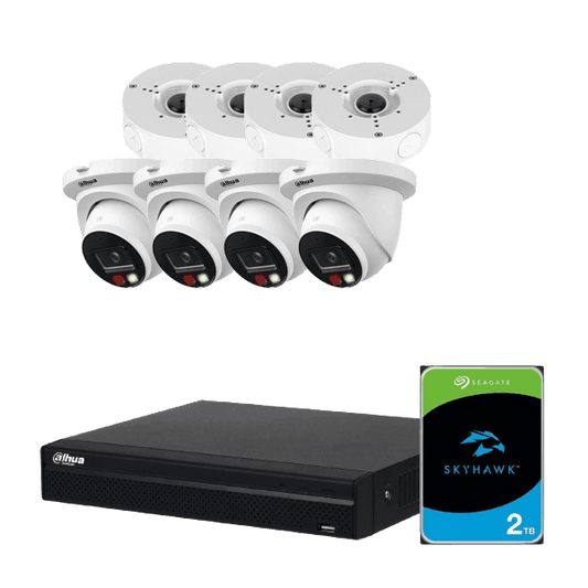 Komplet 4-kanals NVR sikkerhedssystem med 4 Dahua 5MP Smart Dual Light kameraer, 4 vandtætte samlebokse og 2TB harddisk - SIKSHOP