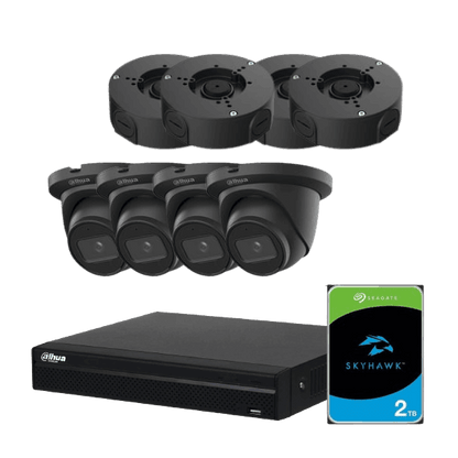 Komplet Dahua Overvågningspakke med 4 Sorte AI-kameraer, Sort NVR og 2 TB Harddisk - Sikshop