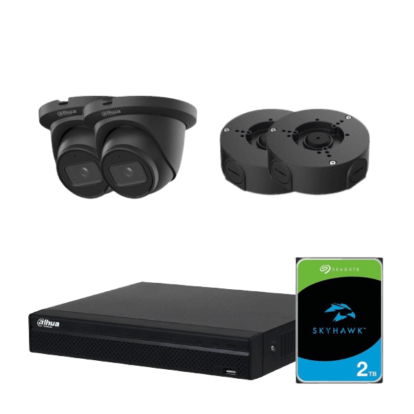 Komplet Dahua Overvågningspakke med Sort NVR, 2 TB Harddisk, 2 Sorte AI-kameraer og 2 Vandtætte Samlebokse - Sikshop