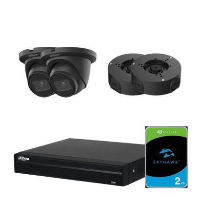 Komplet Dahua Overvågningspakke med Sort NVR, 2 TB Harddisk, 2 Sorte AI-kameraer og 2 Vandtætte Samlebokse - Sikshop